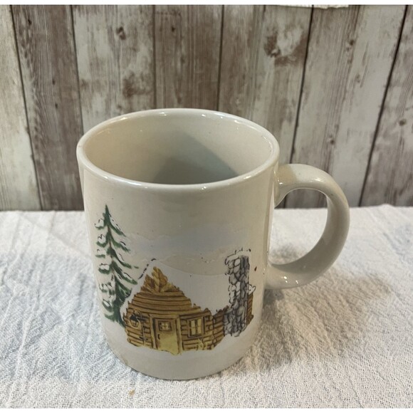 StonEware Coffee Mug Cup Winter Log Cabin Country Collectible Vintage - Picture 2 of 5